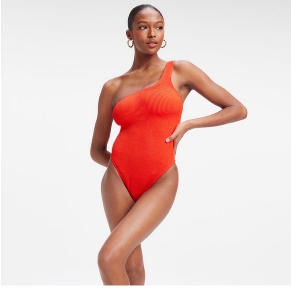 Good American Other - Good American One-Shoulder Ribbed One-Piece Swimsuit in Orange-Red